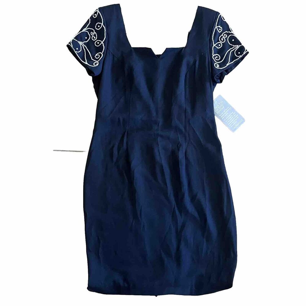 Vintage NWT Deadstock 80s 90s Black Mini Sheath Dress Pearl Beaded Sleeves Sz 12